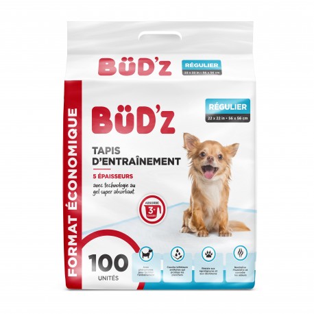 BUDZ CHIEN TAPIS D ENTRAINEMENT 22 X 22 (56X56CM) 100 UNITES BUDZ Maintenance Products