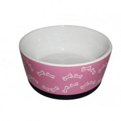 PS Pink Bone Print Ceramic Dog Bowl 6.5in  Bols Eau Et Nourriture